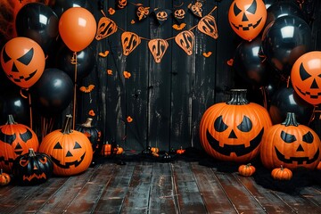 Halloween pumpkin party, Big terrible Pumpkin and happy pumpkin friends on wooden background.