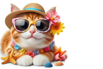 Happy Cat with sunglasses in summer Isolated on white background
