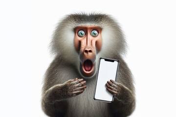 surprised Baboon hold smartphone white mockup screen Isolated on white background