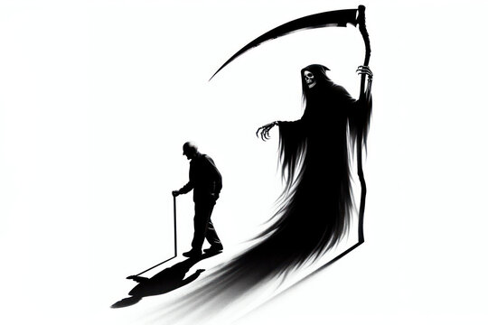 The shadow of death with a scythe follows an old man Isolated on white background