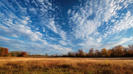 Obraz premium In the brisk morning of November the clear blue sky transforms into a canvas of fluffy white clouds accompanied by swift winds and brilliant sunlight