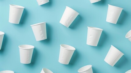 White paper cups and foam pads arranged on a solid color background.