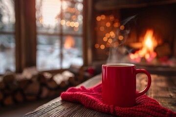Cup of hot tea or coffee near the fireplace for New Year or Christmas