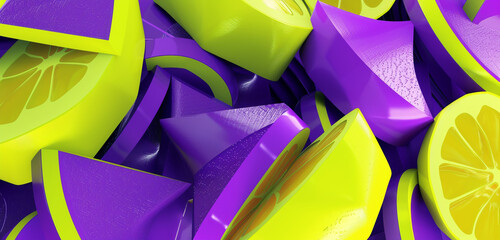 Neon violet and lemon yellow shapes form a striking, futuristic abstract.