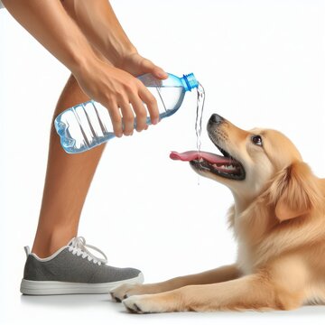 Human giving water from blastic bottle to thirsty dog in summer