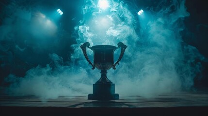 A trophy cup backlit by a single spotlight, with smoke drifting across, adding a sense of mystery and achievement