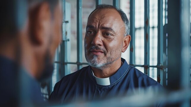 A prison chaplain speaking with an inmate through the bars, offering spiritual guidance and support