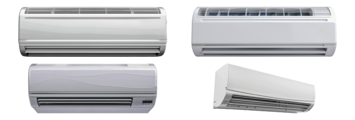 Set of Wall mounted air conditioners in various designs isolated transparent PNG background