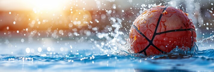 Swimming pool water with floor reflection and floating ball banner for summer fun