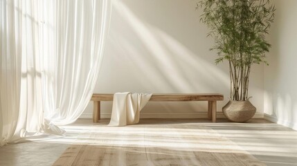 Bright minimalist space with sheer drapery, a low wooden bench, and potted bamboo for a touch of nature