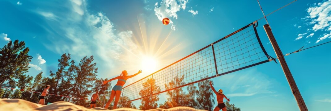 Competitive beach volleyball game on sunny beach with players, sports competition on sand banner