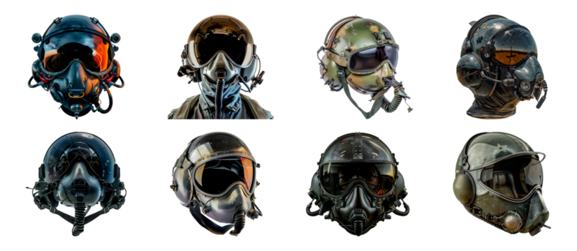Set of Variety of futuristic and vintage pilot helmets isolated transparent PNG background