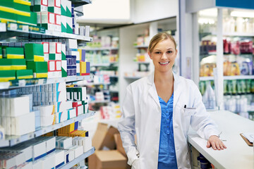 Woman, portrait and pharmacist chemist for helping advice for medication purchase, questions or...