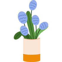 Flower bunch in small vase. Fresh cut blooms, leaf, floral plants bouquet. Beautiful delicate garden flowers. Flat vector illustration isolated on white background.