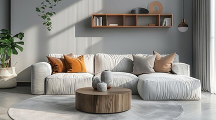 Compact living room setup with a lowprofile sofa, a round coffee table, and minimal wall shelves