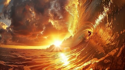 Surfer gracefully riding magnificent wave at serene sunset, on breathtaking beach