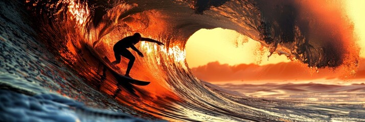 Surfer riding a wave at a beautiful calm sunset, perfect for a stunning banner background