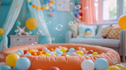 Cozy indoor birthday party for a toddler with a ball pit, bubble machine, and playful decorations