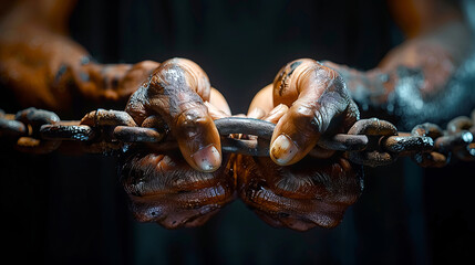 Dirty and overworked hands of African man holding a chain, symbolizing freedom on Juneteenth.