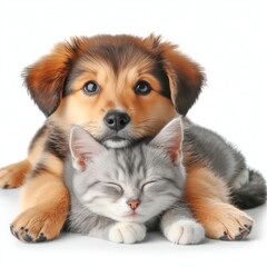 Obraz premium Cute young dog and cat cuddling while sleeping Isolated on white background