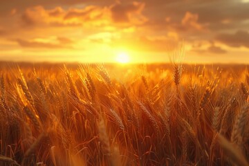 Wheat field in the sunset rays