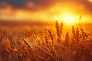 Field of ripe wheat at sunset or sundown