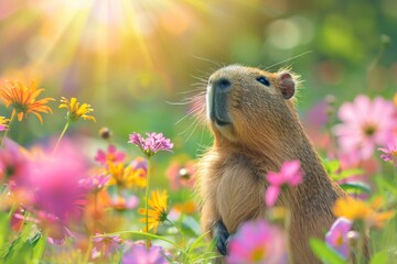 Funny capybara in a flower field