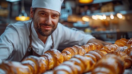 Bakery chef professionally cooking baked croissant in kitchen，Professional Pastry Chef Preparing Croissant Baking in Commercial Kitchen. Baker Cooking Delicious Flaky Buttery Layered Bread Pastry with