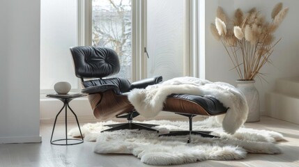 Elegant minimalist living space with a black leather lounge chair, a white fur throw, and a sleek side table
