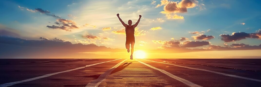 Triumphant marathon runner crossing the finish line with arms raised in light photography. Banner