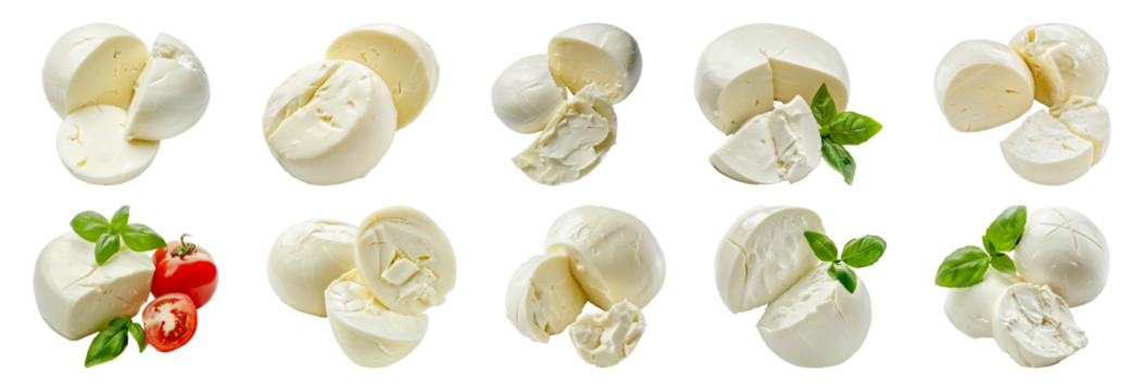 Set of Fresh mozzarella balls with basil and sliced tomato isolated transparent PNG background