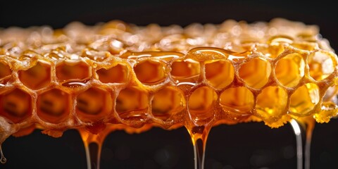 Macro shot of golden honey slowly dripping from a honeycomb, showcasing the natural beauty and texture of fresh honey against a dark background.