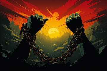 Hands of African man chained, symbolizing freedom on Juneteenth. Creative illustration.