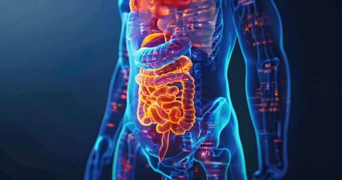Artistic, semi-transparent human figure with vividly illuminated colon illustrating digestive connections