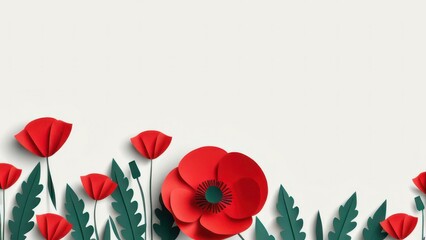 Banner with paper cut red poppy flower, symbol for remembrance, memorial, anzac day