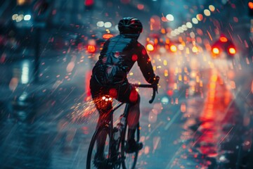 Fototapeta premium Silhouette of a road cyclist on a rainy day