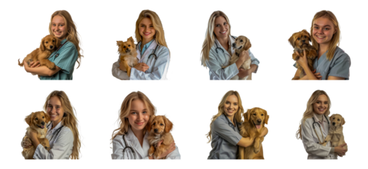 Set of Smiling female veterinarian holding small dog isolated transparent PNG background