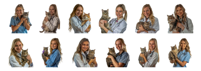 Set of Smiling young blonde female veterinarian holding a cat isolated transparent PNG background