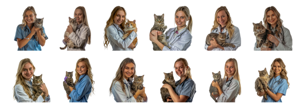 Set of Smiling young blonde female veterinarian holding a cat isolated transparent PNG background