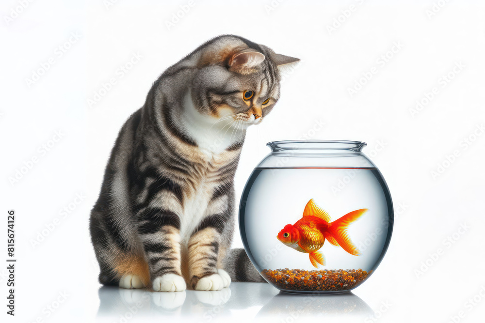 Wall mural cat watching goldfish in fish bowl Isolated on white background - Wall murals