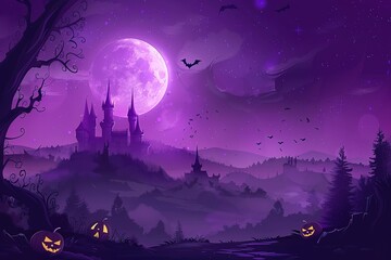 Halloween drawing with haunted witch house, dark blue sky, and orange pumpkins decoration