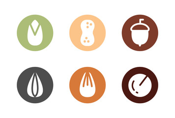Set of Nuts and Seeds. Almond, Peanut, Acorn, Macadamia, Pistachio, Sunflower Seed. Cartoon illustration isolated.