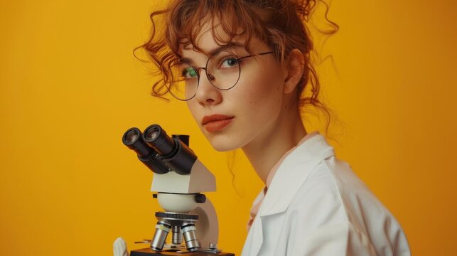 Female scientist in a lab coat holding a microscope, portrayed against a bright yellow background to signify innovation