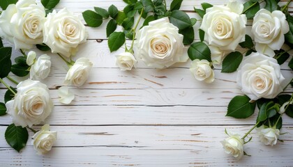 Greeting card, white roses on wooden background