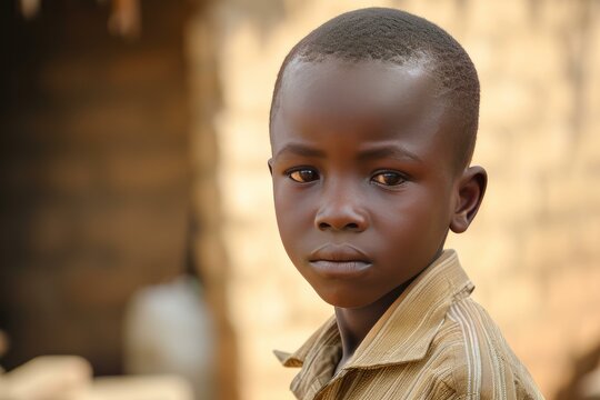 Close-up of a young boy with a contemplative expression against a blurred background