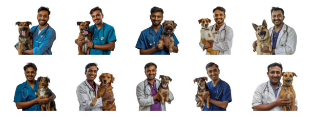 Set of Smiling indian man veterinarian holding a dog, looking at the camera isolated transparent PNG background