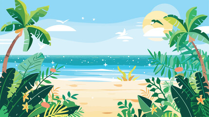 Fototapeta na wymiar Summertime online the beach. Palms and plants around. Summer