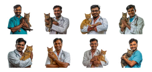 Set of Smiling Indian male veterinarian holding a cat in a clinic setting isolated transparent PNG background