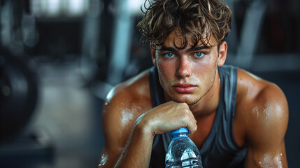 Tired male athlete with bottle of water in the gym