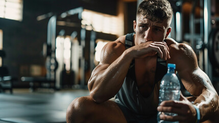 Tired male athlete with bottle of water in the gym